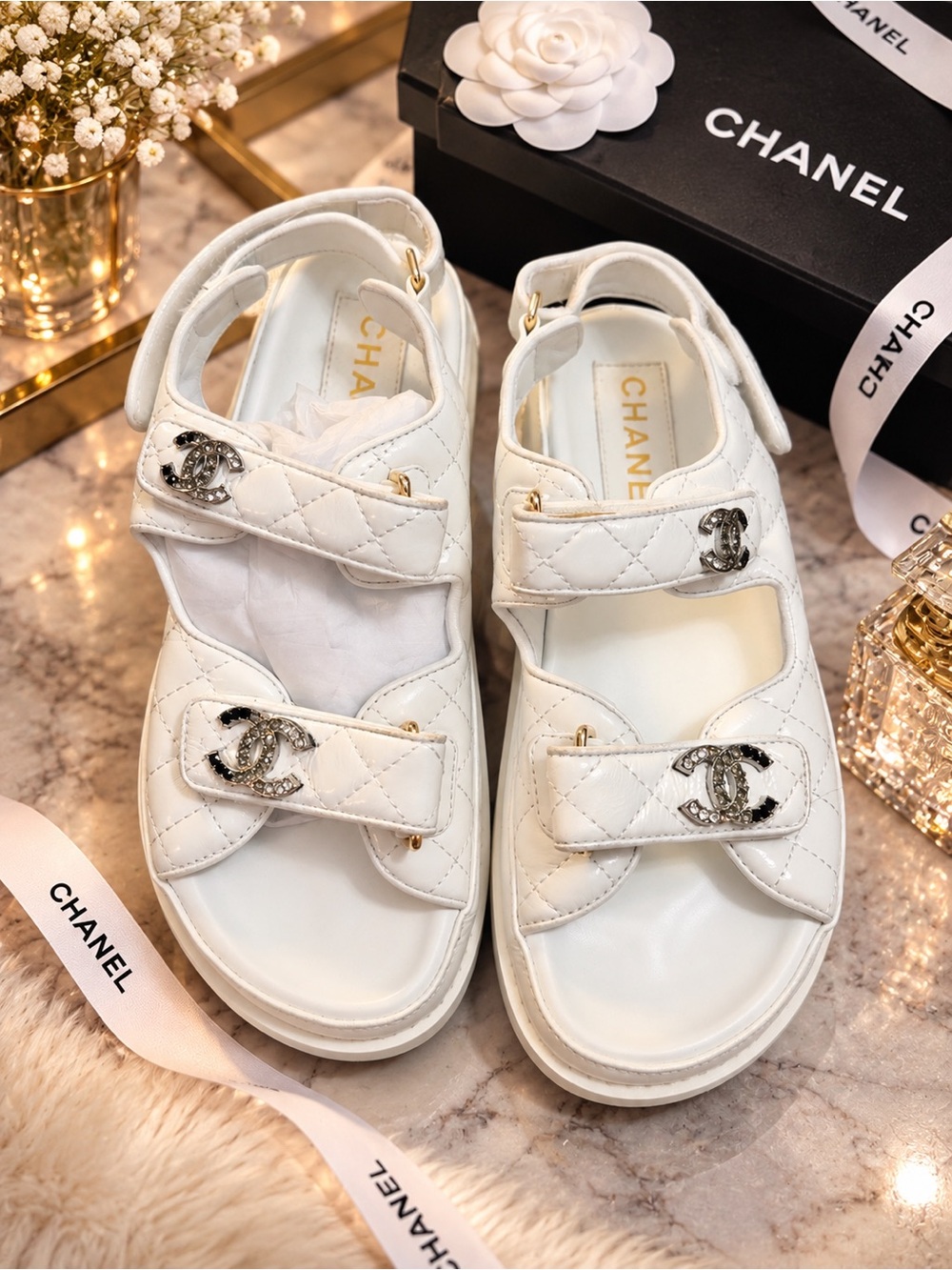 CHANEL White Quilted Leather CC-Emblem Sport Sandals